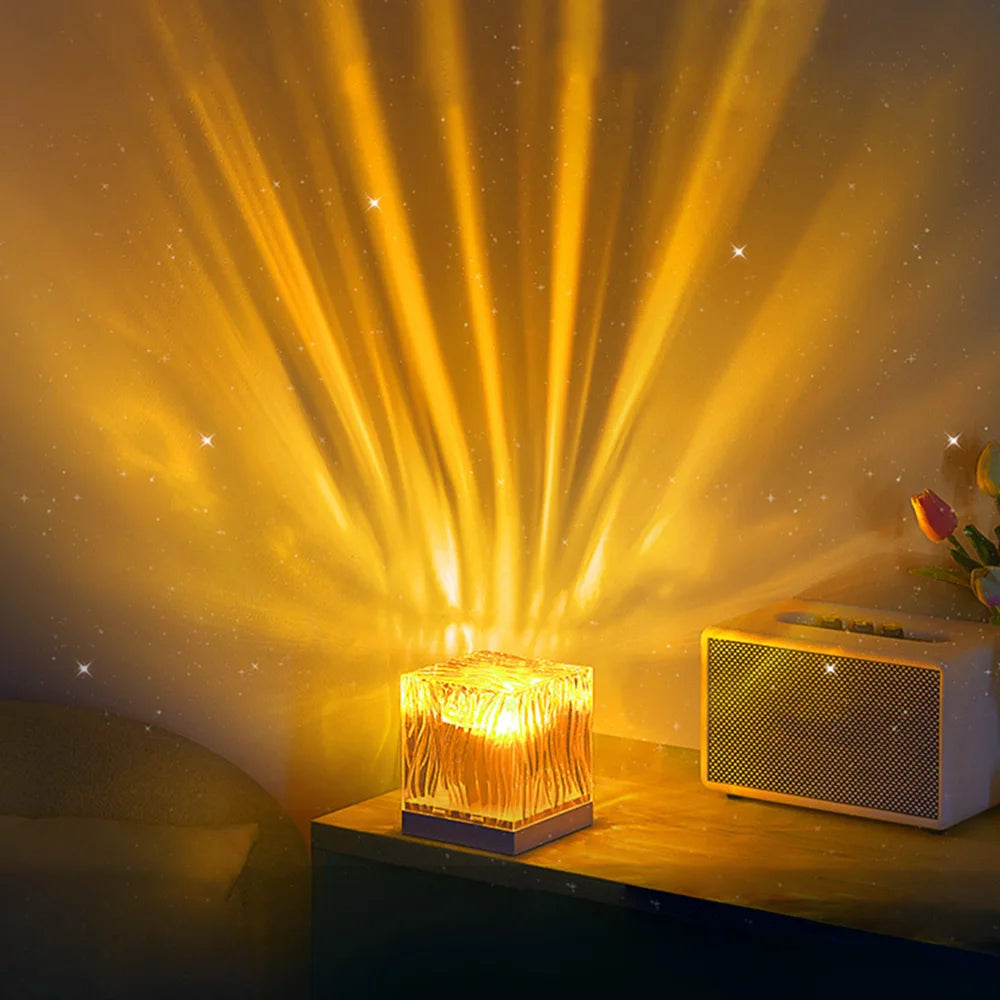 Textured glass cube lamp with colorful atmospheric effect