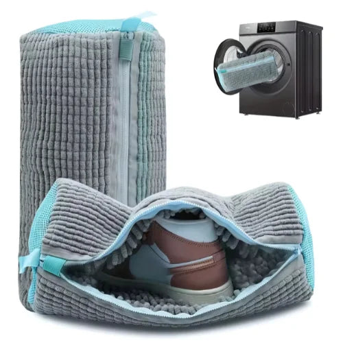 Protective shoe laundry bag with sneakers inside, designed for safe washing in the washing machine