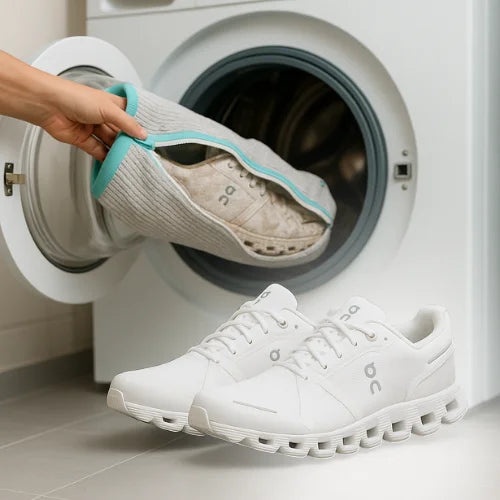sneaker laundry bag with sneakers inside being placed into washing machine while clean white shoes sit in front showing safe wash protection