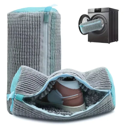 Protective shoe laundry bag with sneakers inside, designed for safe washing in the washing machine