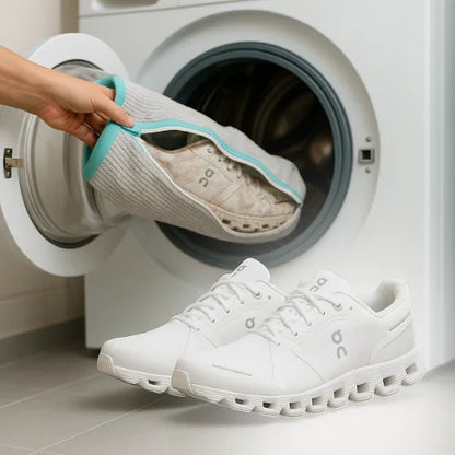 sneaker laundry bag with sneakers inside being placed into washing machine while clean white shoes sit in front showing safe wash protection
