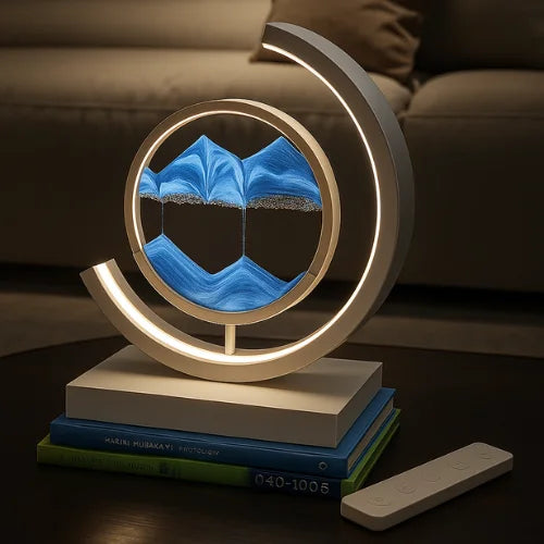 Modern LED sand art lamp with blue flowing sand in circular frame, softly lit on a stack of books – ideal nightlight for living room or bedroom decor